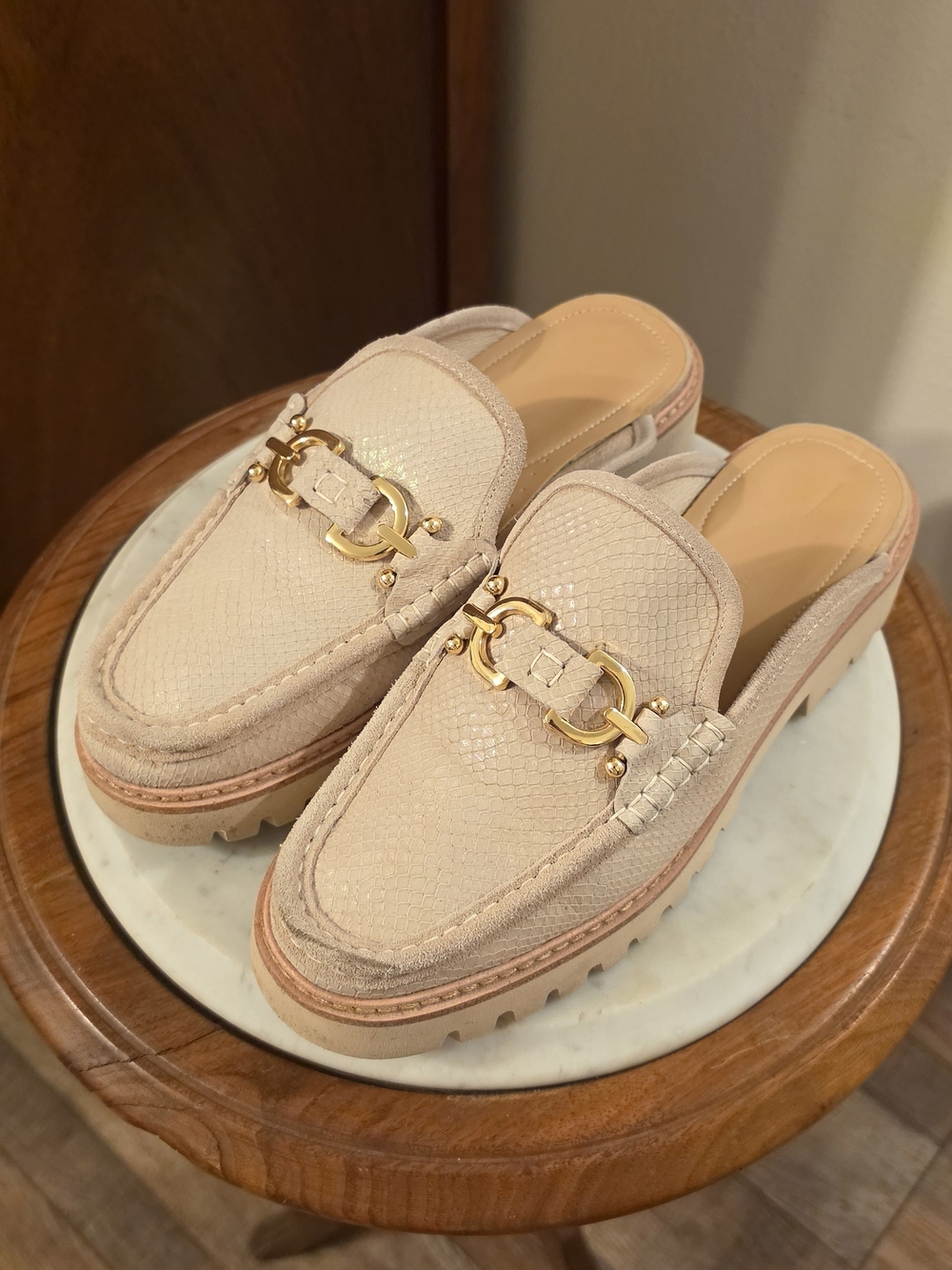 Donald Pliner Beige Leather Slip-On Loafer Mules with Gold Chain Accent